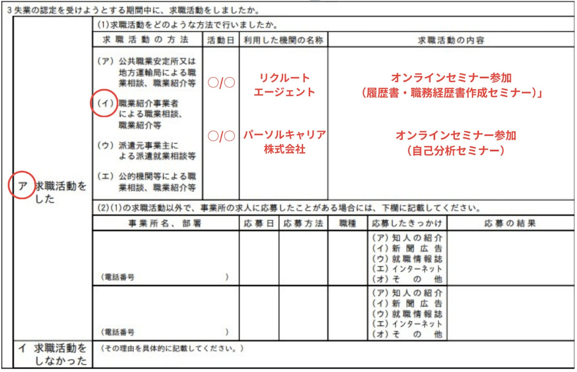 民間セミナーの求職活動実績を申告する際の記入例